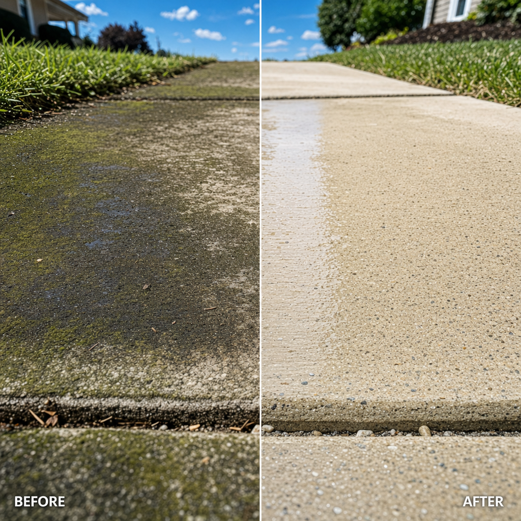 Concrete walkway before and after pressure washing, moss removed