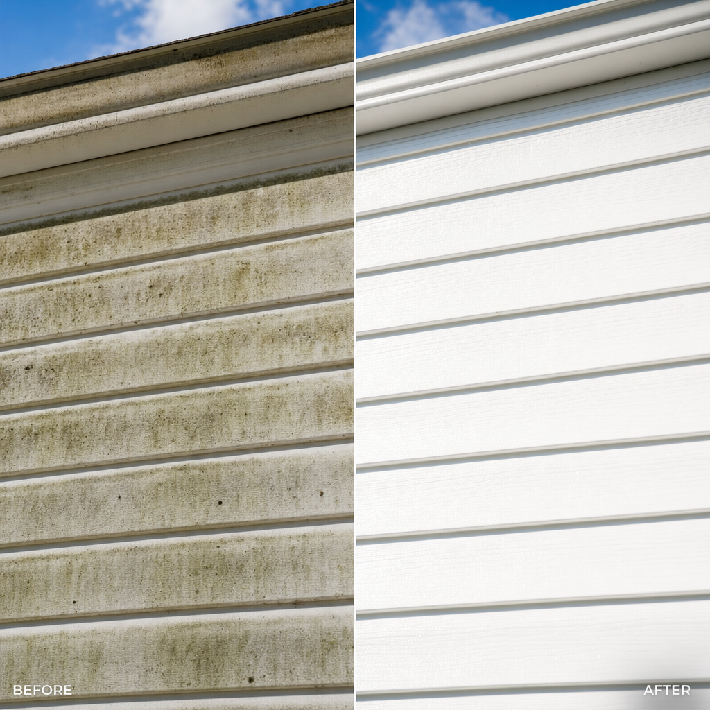 Vinyl siding before and after pressure washing, mildew removed