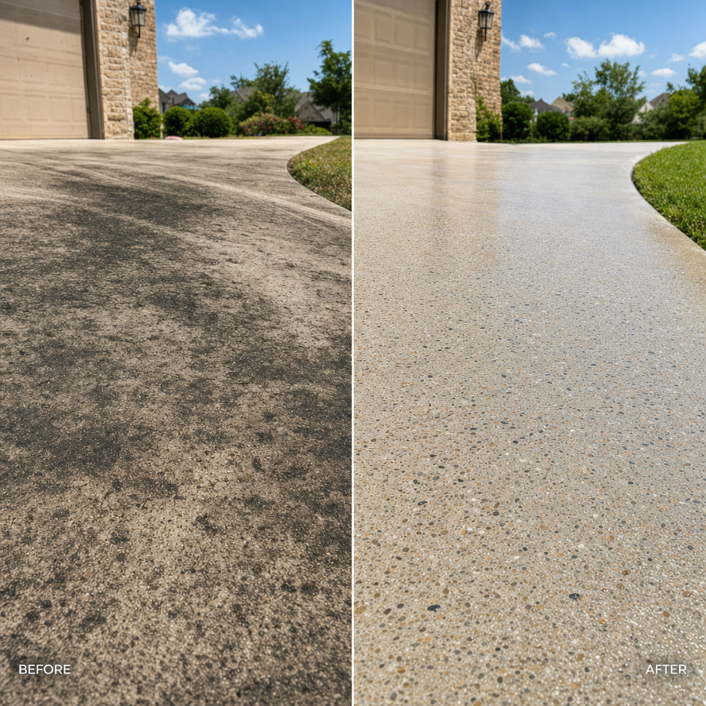 Driveway before and after pressure washing, oil stains removed